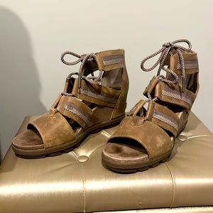 Sorel lace up Joanie wedge sandals, taupe color, size 11